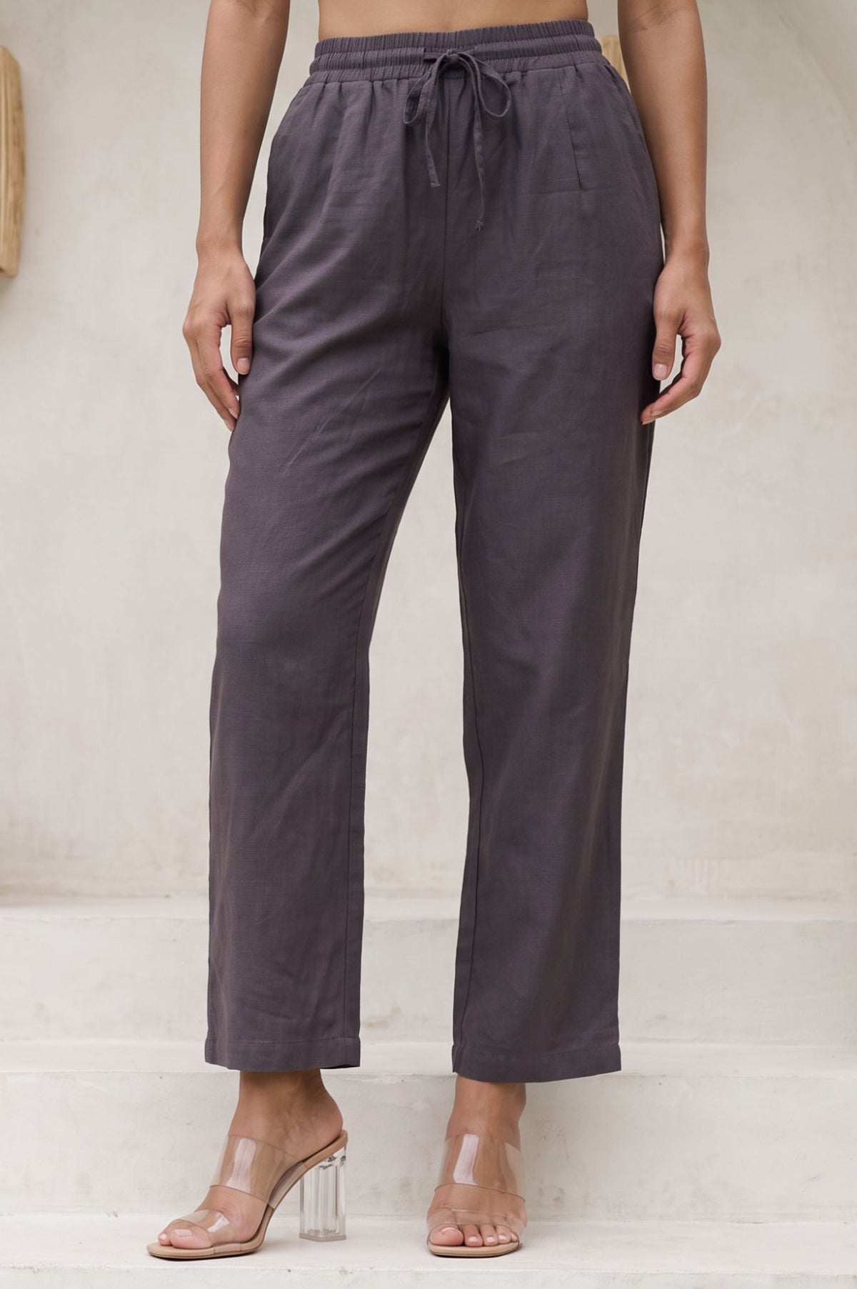 Charcoal Solid Stones Stonework Straight Fit Ankle Length Mid Rise Pants