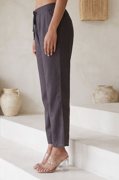 Charcoal Solid Stones Stonework Straight Fit Ankle Length Mid Rise Pants