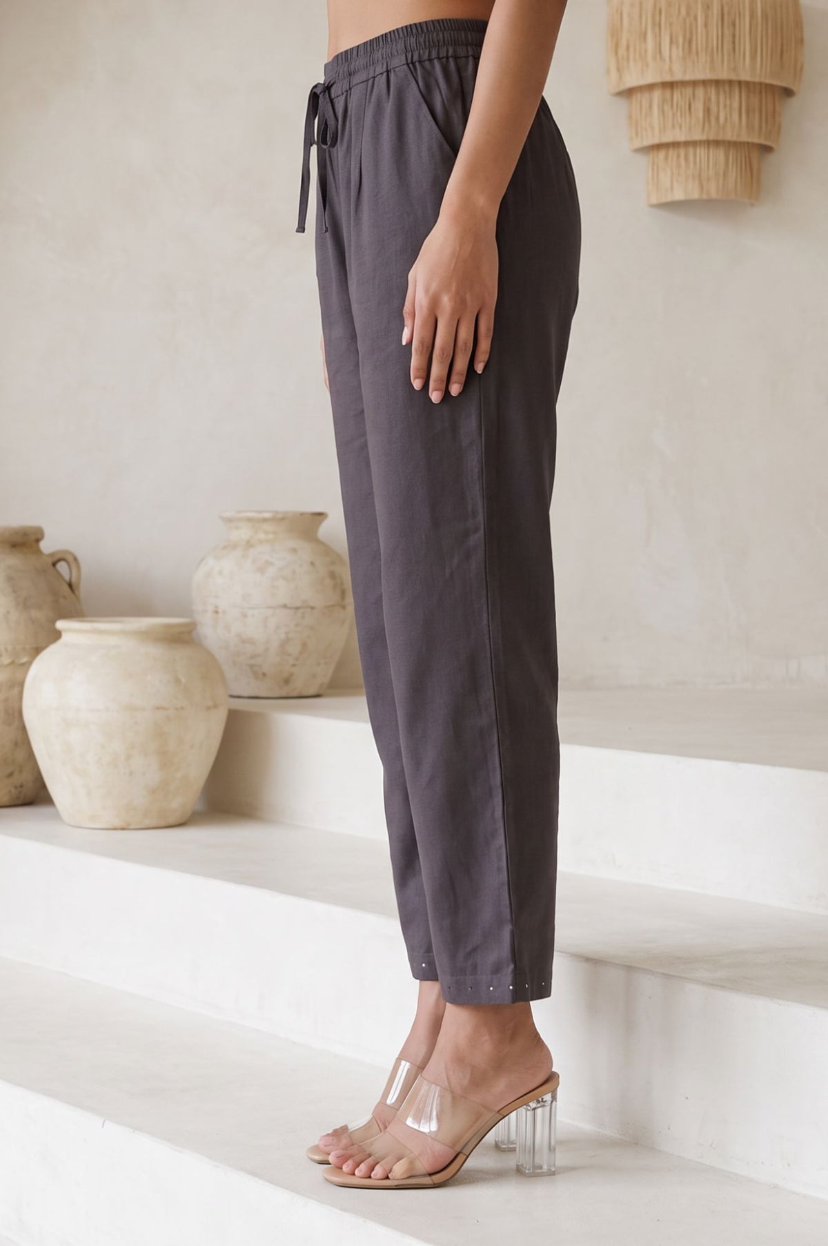 Charcoal Solid Stones Stonework Straight Fit Ankle Length Mid Rise Pants