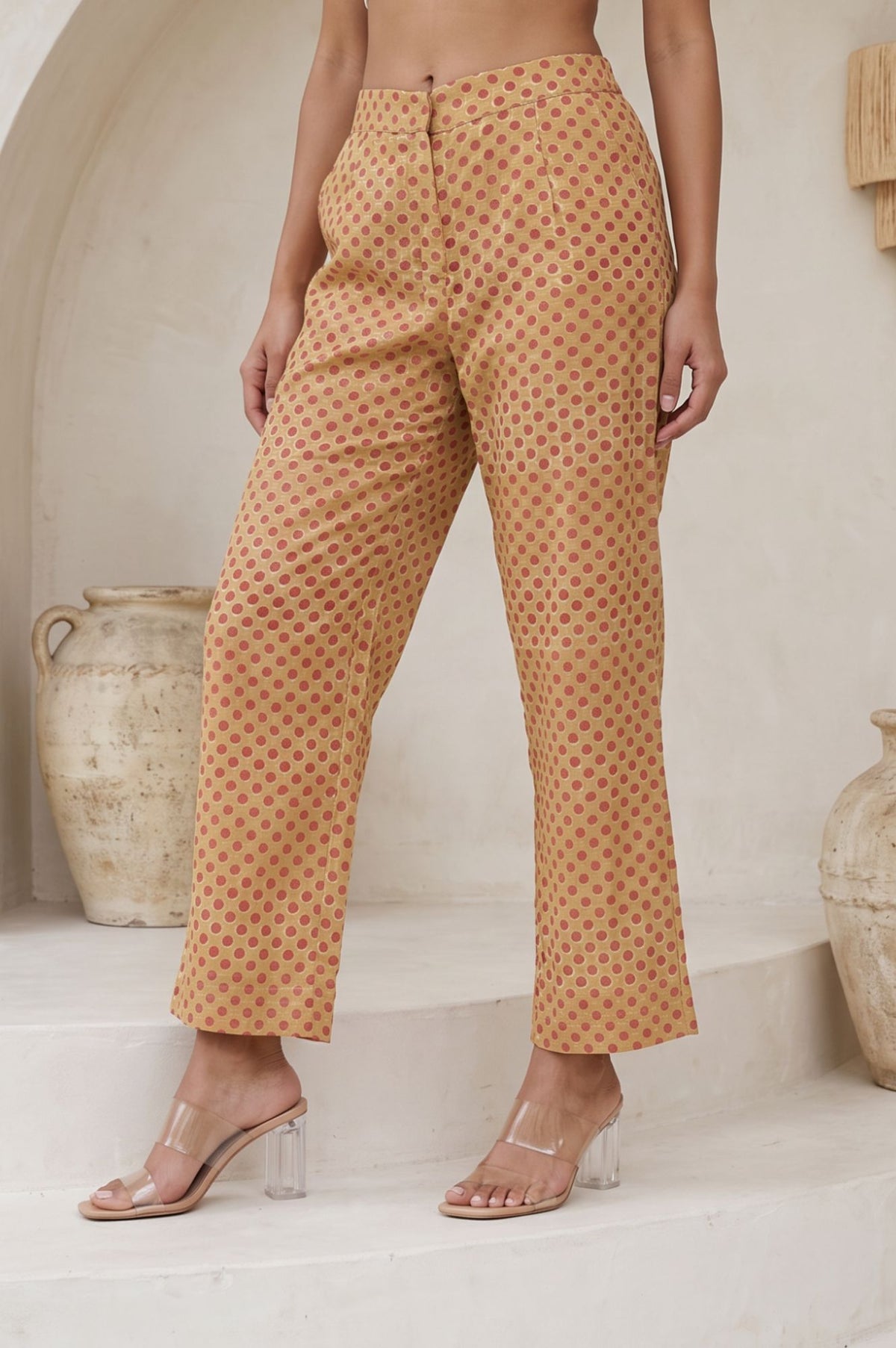 Beige Thread Embroidered Polka Dots Pure Cotton Straight Fit Ankle Length Mid Rise Pants