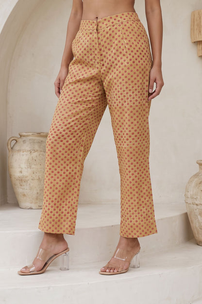 Beige Thread Embroidered Polka Dots Pure Cotton Straight Fit Ankle Length Mid Rise Pants