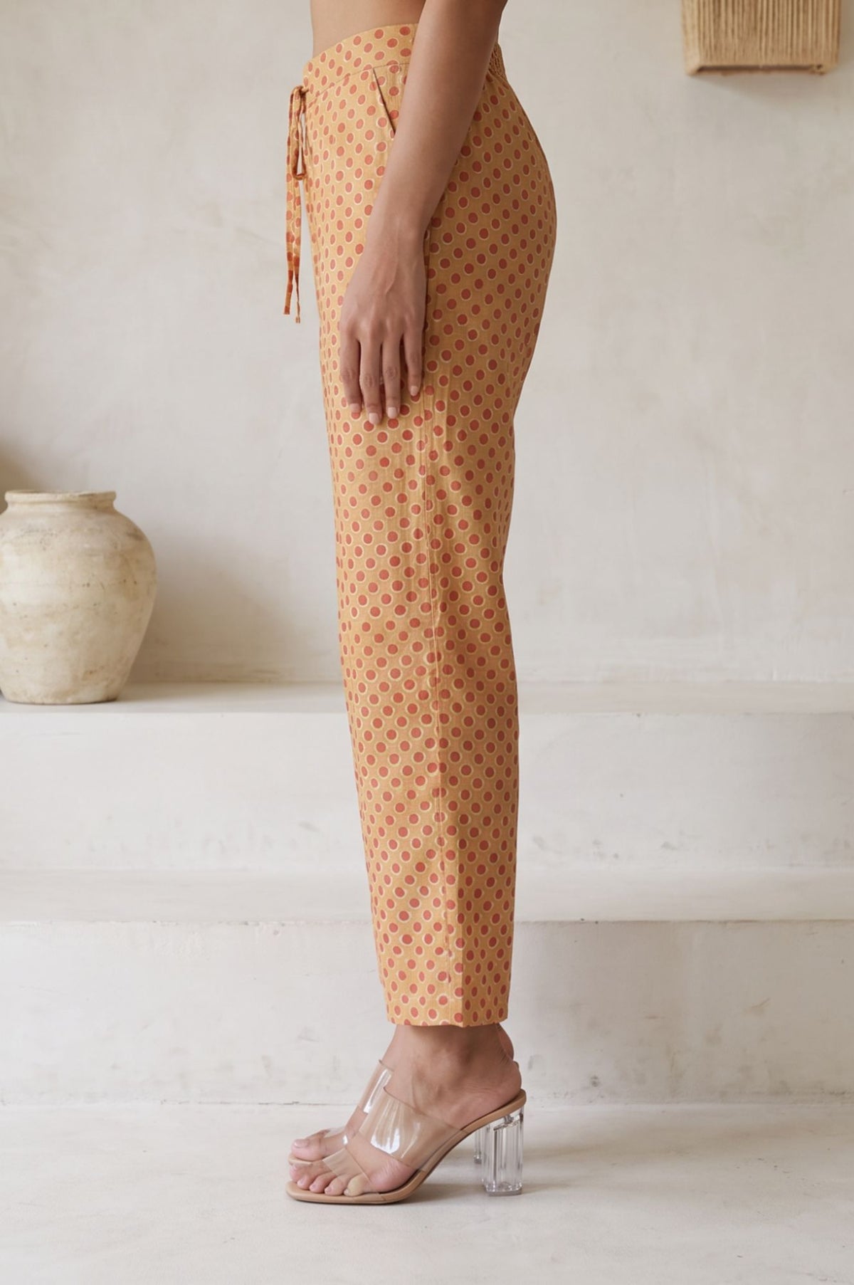 Beige Thread Embroidered Polka Dots Pure Cotton Straight Fit Ankle Length Mid Rise Pants