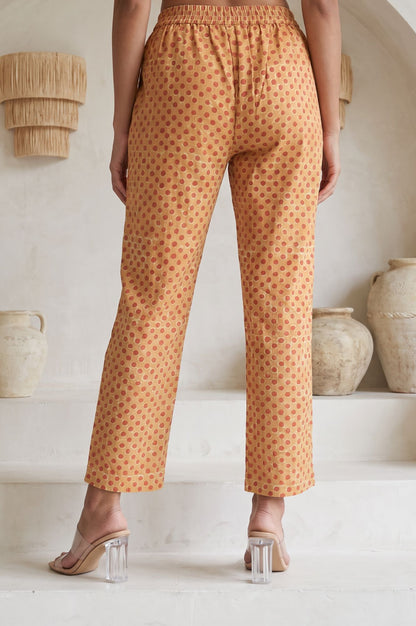 Beige Thread Embroidered Polka Dots Pure Cotton Straight Fit Ankle Length Mid Rise Pants