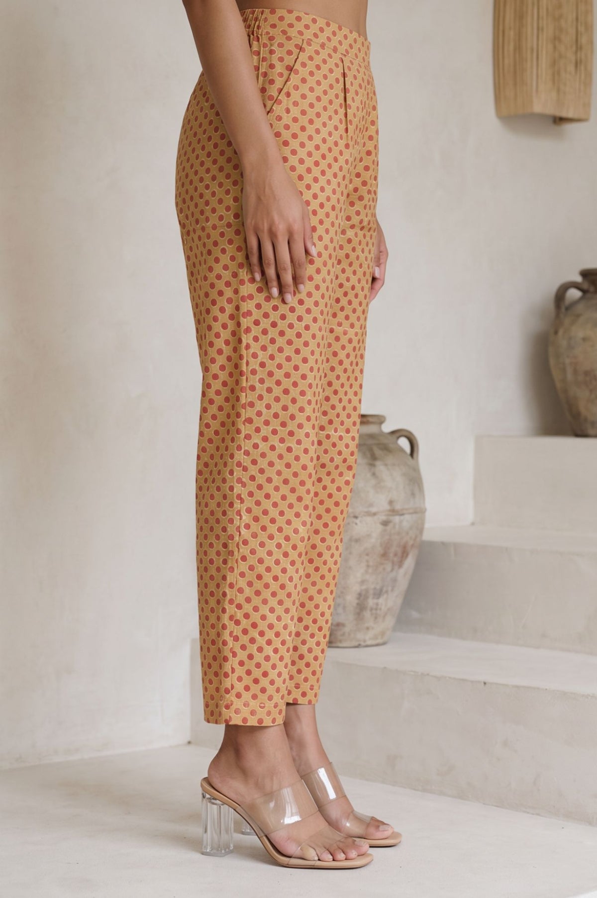 Beige Thread Embroidered Polka Dots Pure Cotton Straight Fit Ankle Length Mid Rise Pants