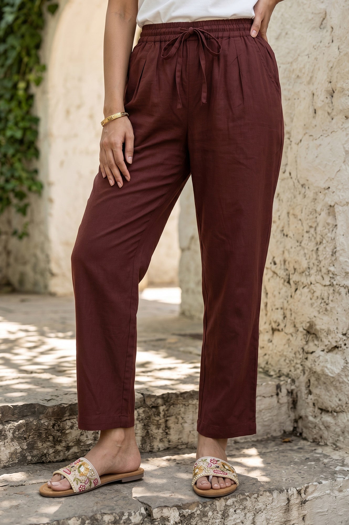 Mud Brown Straight Fit Ankle Length Pants
