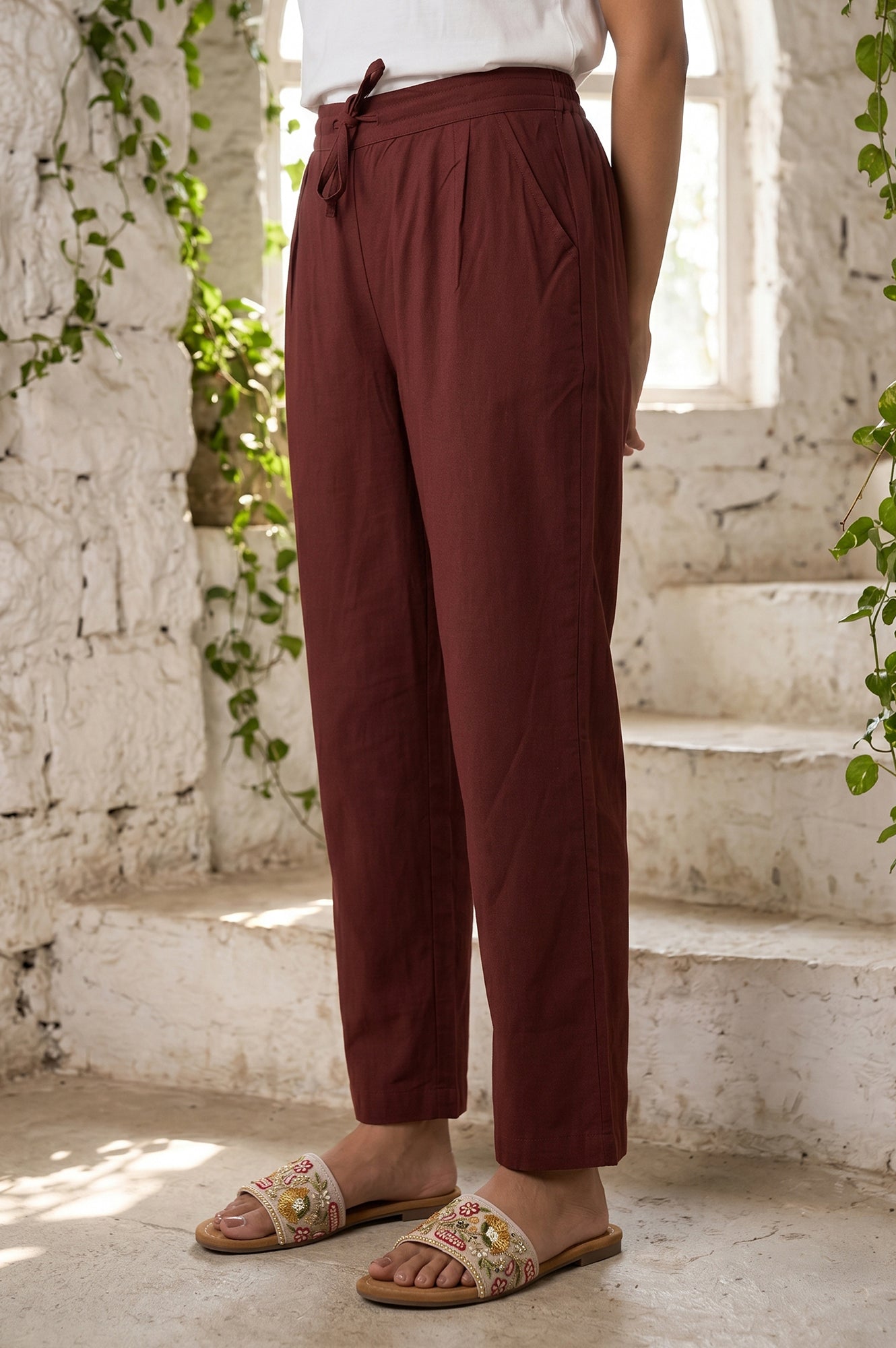 Mud Brown Straight Fit Ankle Length Pants