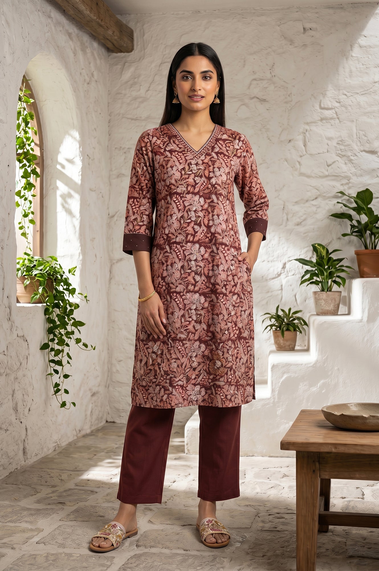 Mud Brown Straight Fit Ankle Length Pants