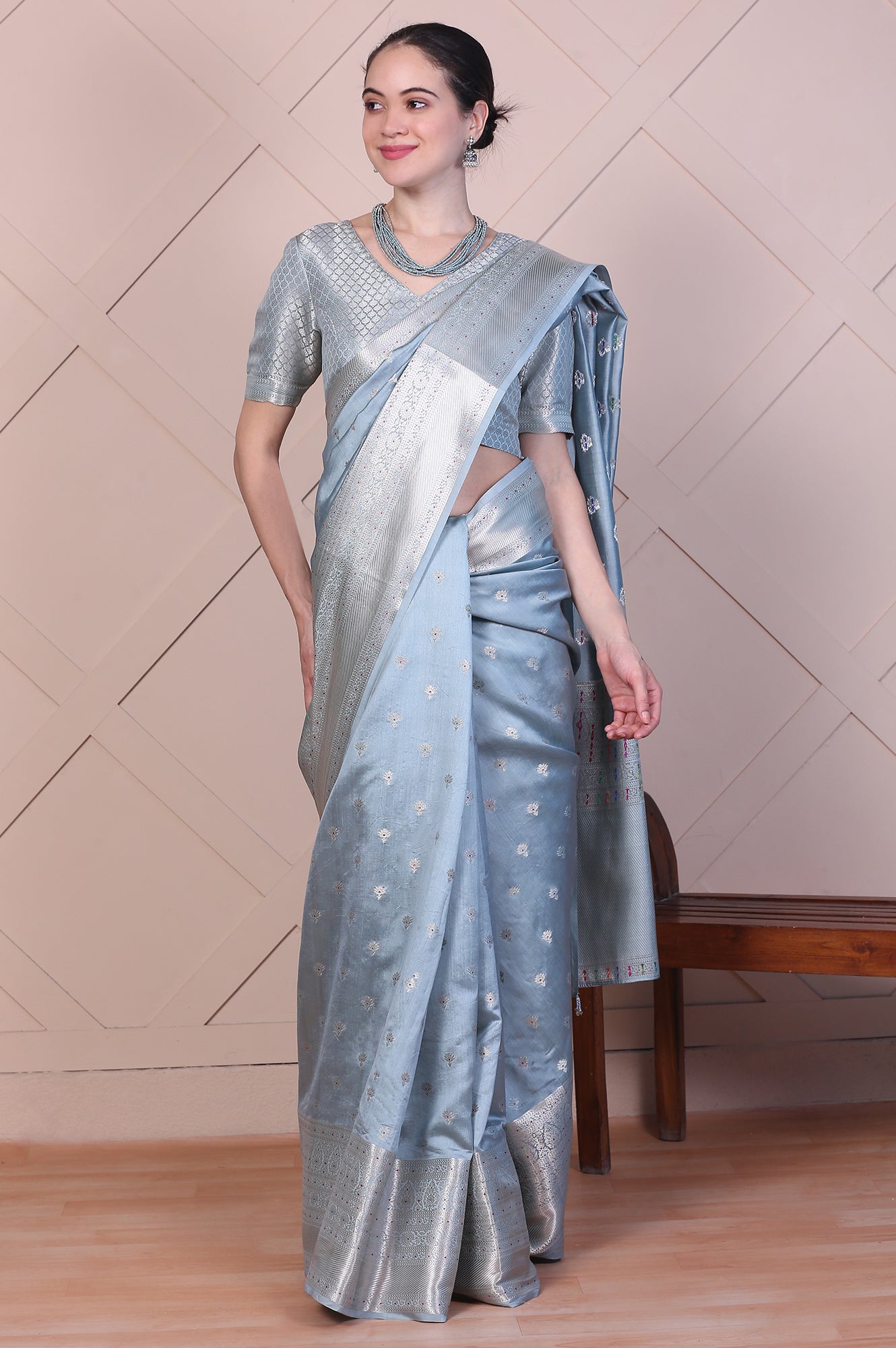 Blue Embellished Silk Jacquard Saree with Unstitched Blouse
