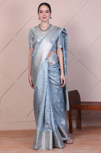 Blue Embellished Silk Jacquard Saree with Unstitched Blouse