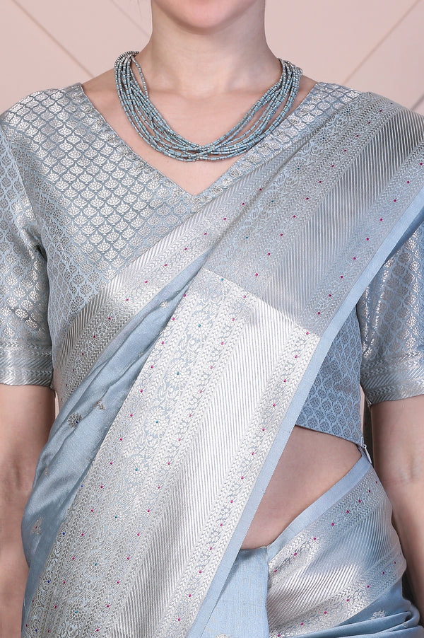 Blue Embellished Silk Jacquard Saree with Unstitched Blouse