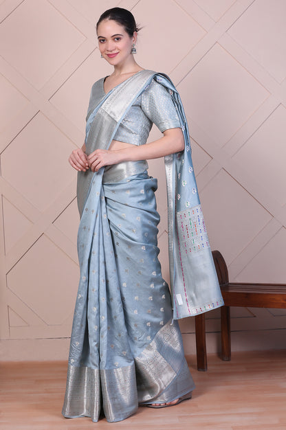 Blue Embellished Silk Jacquard Saree with Unstitched Blouse
