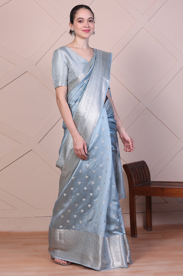 Blue Embellished Silk Jacquard Saree with Unstitched Blouse