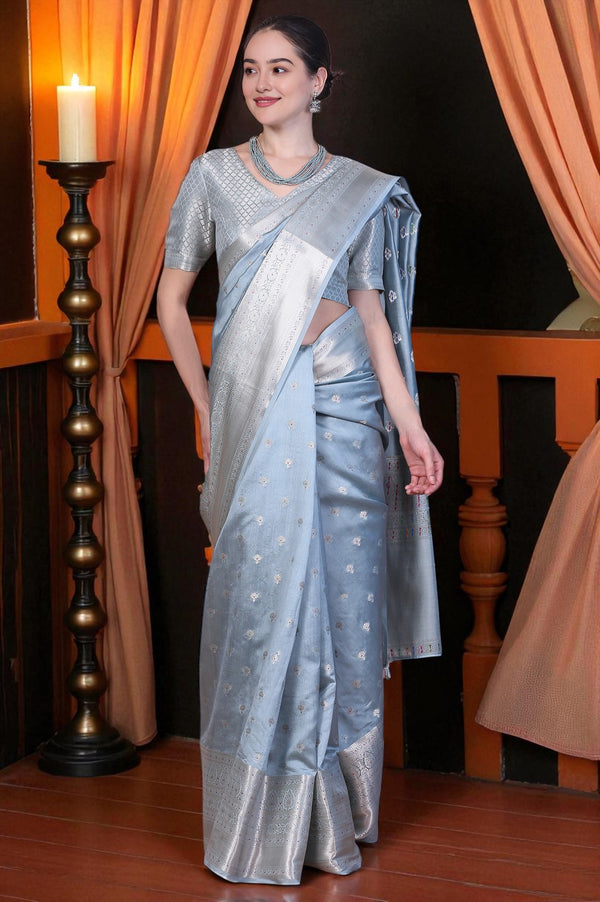 Blue Embellished Silk Jacquard Saree with Unstitched Blouse