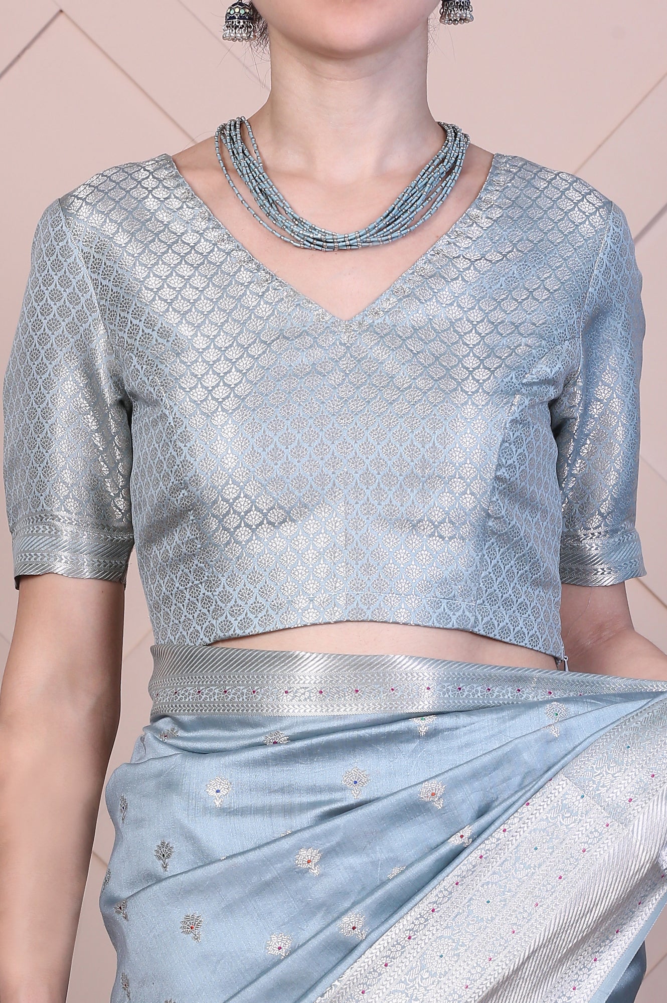 Blue Embellished Silk Jacquard Saree with Unstitched Blouse