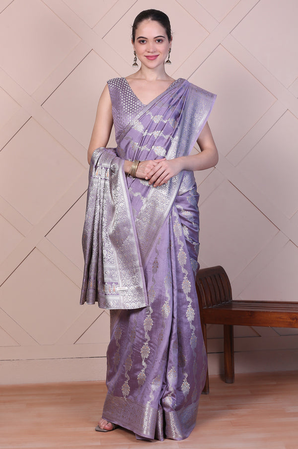 Purple Embellished Silk Jacquard Purple Saree with Unstitched Blouse