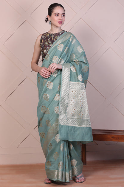 Green Embellished Silk Jacquard Saree with Unstitched Blouse
