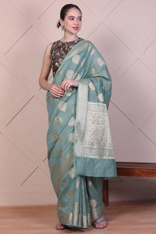 Green Embellished Silk Jacquard Saree with Unstitched Blouse