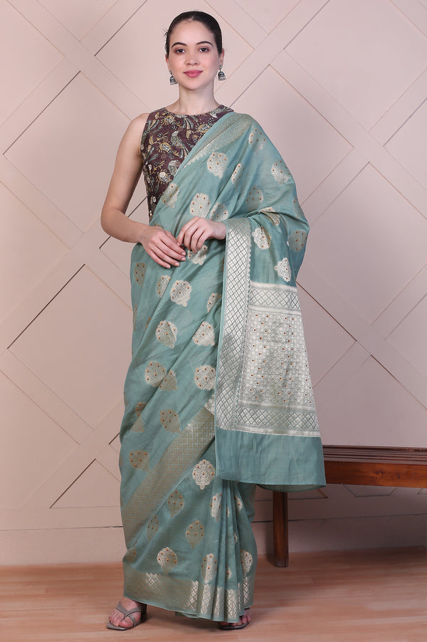 Green Embellished Silk Jacquard Saree with Unstitched Blouse