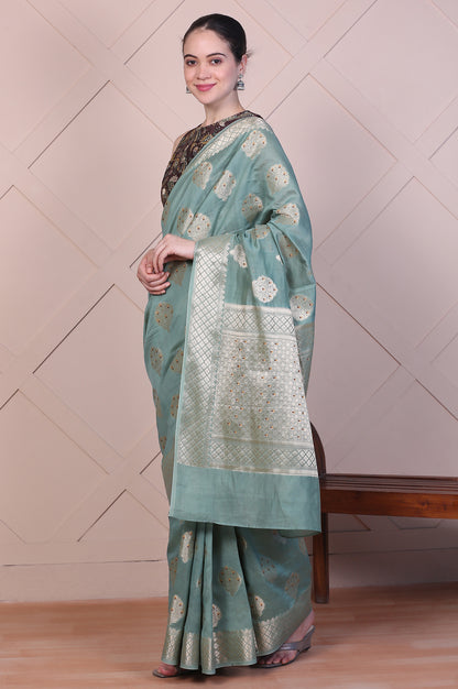 Green Embellished Silk Jacquard Saree with Unstitched Blouse