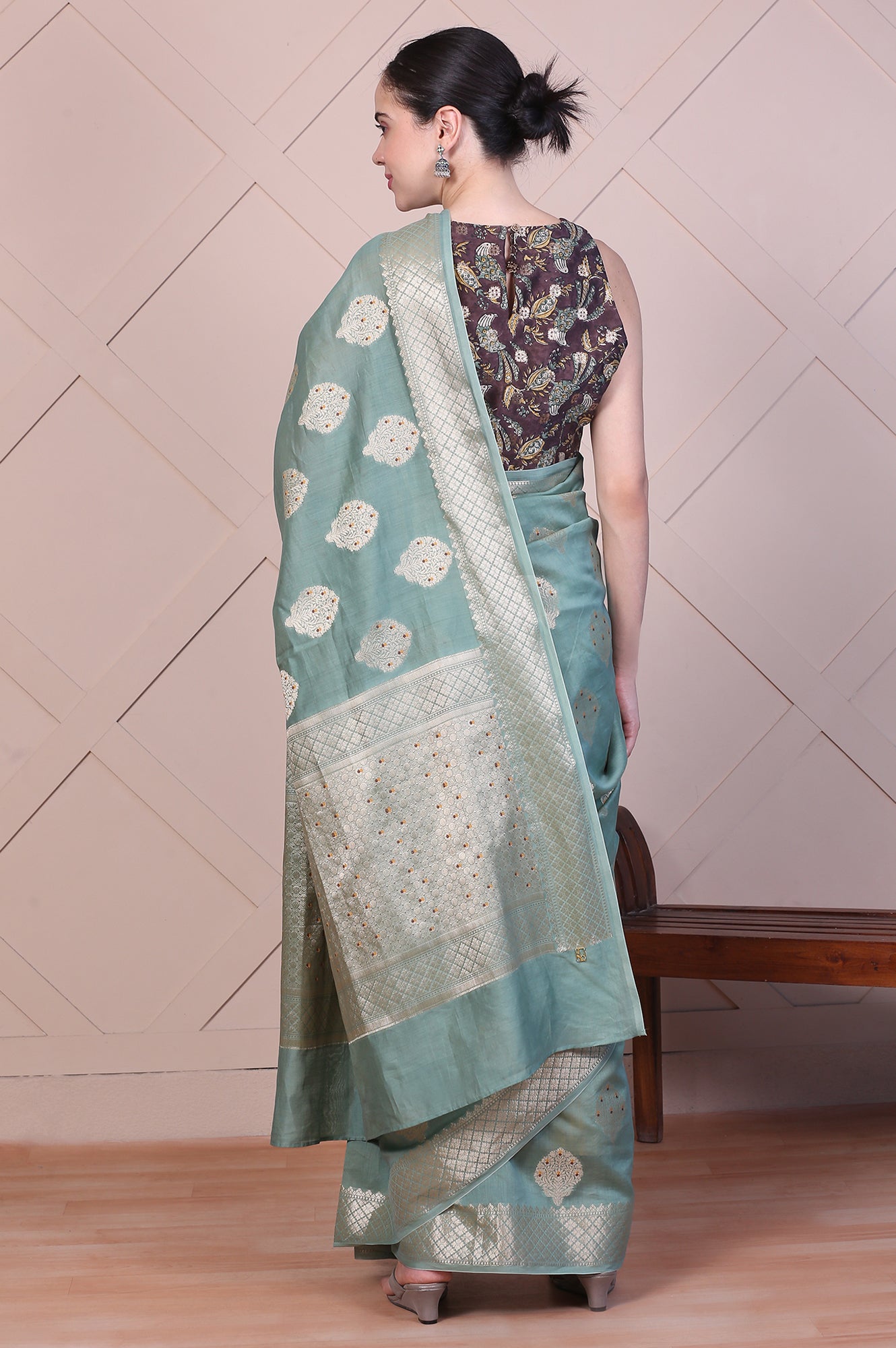 Green Embellished Silk Jacquard Saree with Unstitched Blouse