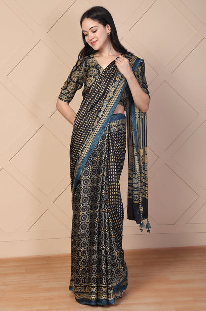 Black Tassels Saree with Unstitched Blouse