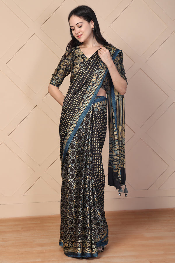 Black Tassels Saree with Unstitched Blouse