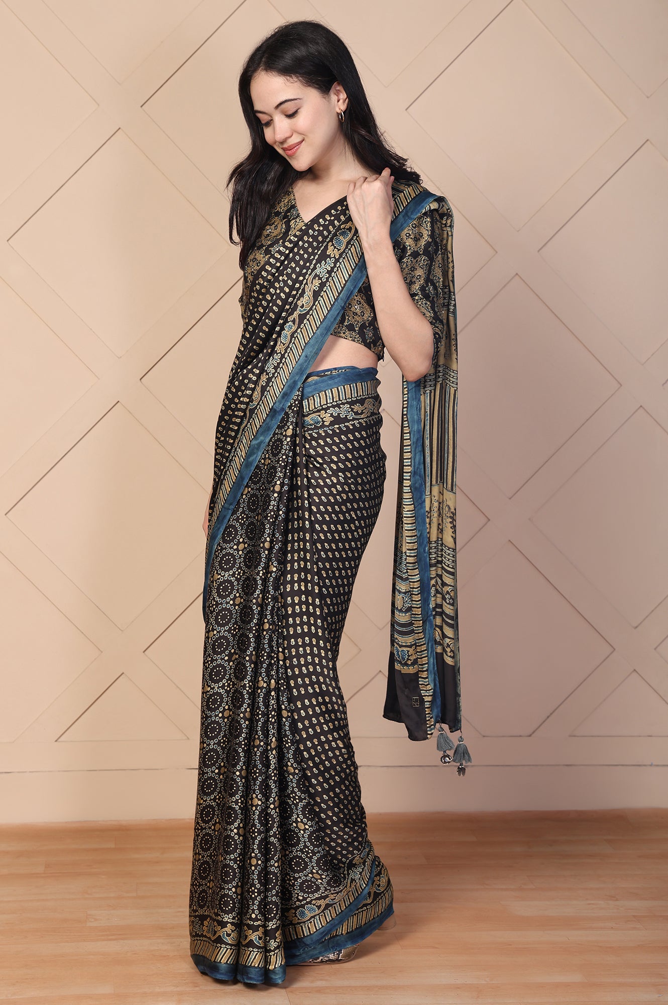 Black Tassels Saree with Unstitched Blouse
