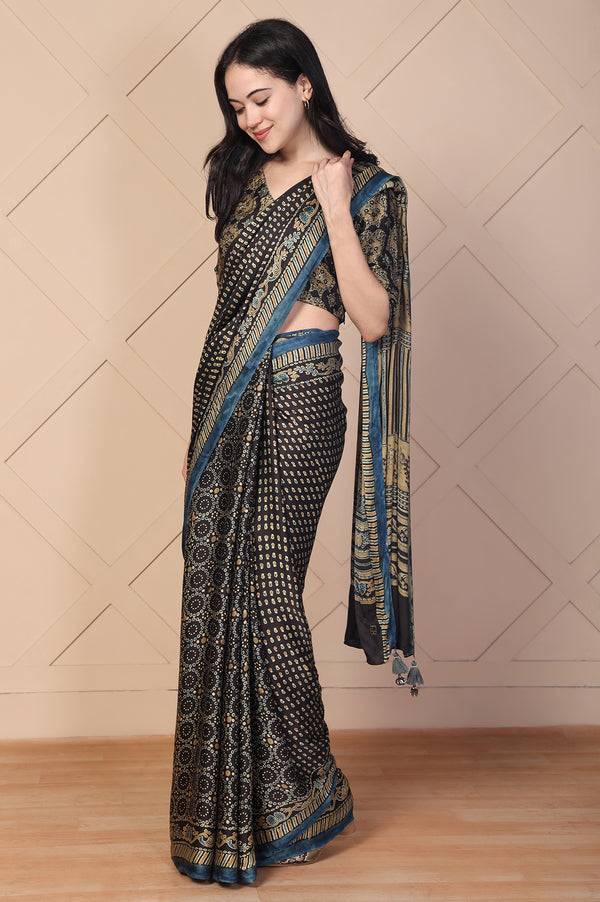 Black Tassels Saree with Unstitched Blouse