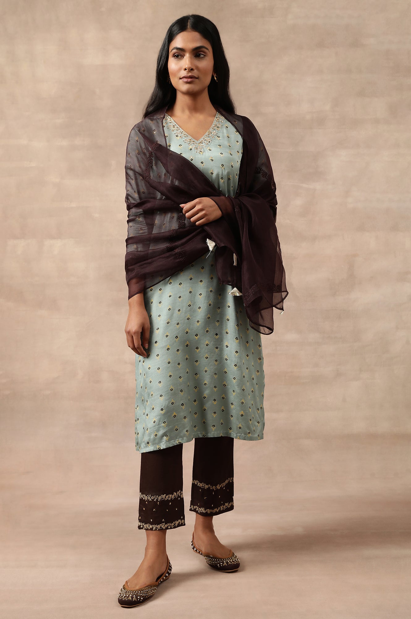 Brown Solid Embroidered Straight Organza Dupatta