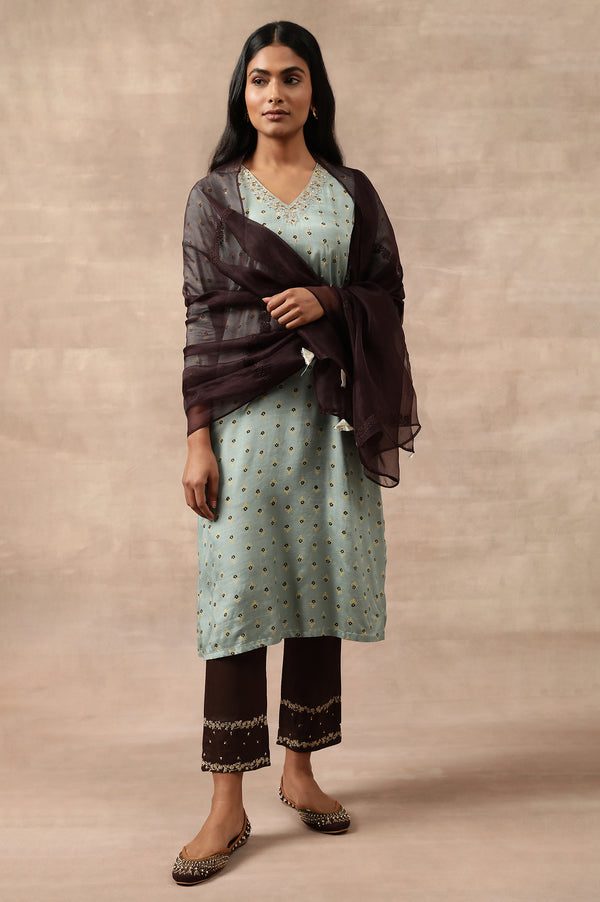 Brown Solid Embroidered Straight Organza Dupatta