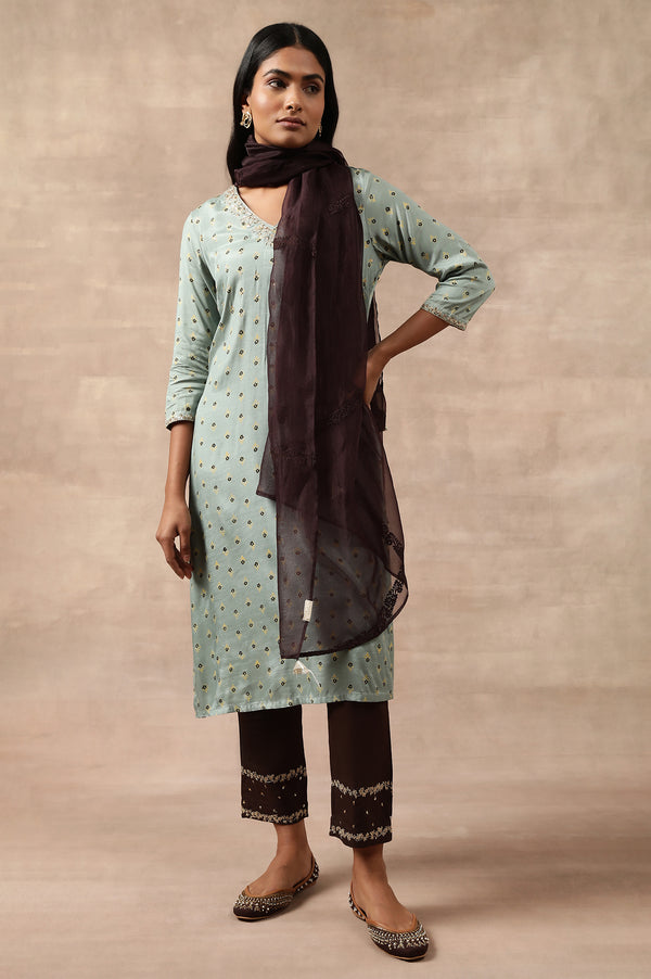 Brown Solid Embroidered Straight Organza Dupatta