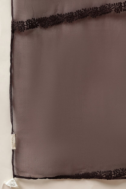 Brown Solid Embroidered Straight Organza Dupatta