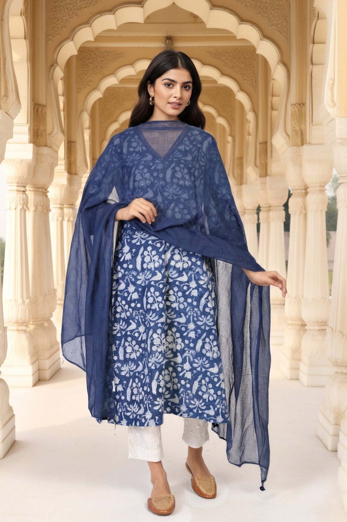 Blue Floral Print Mukaish Work Cotton Dupatta - FS