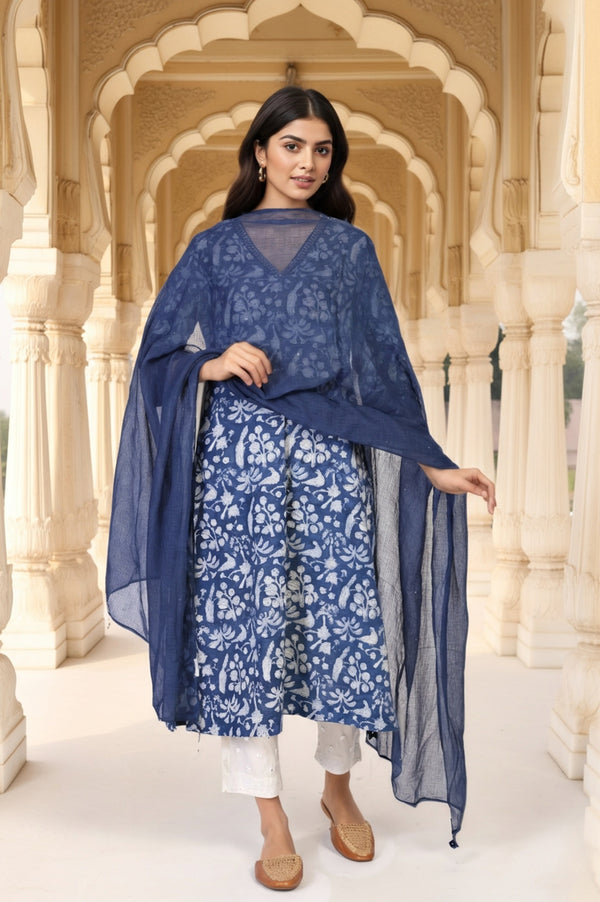 Blue Floral Print Mukaish Work Cotton Dupatta