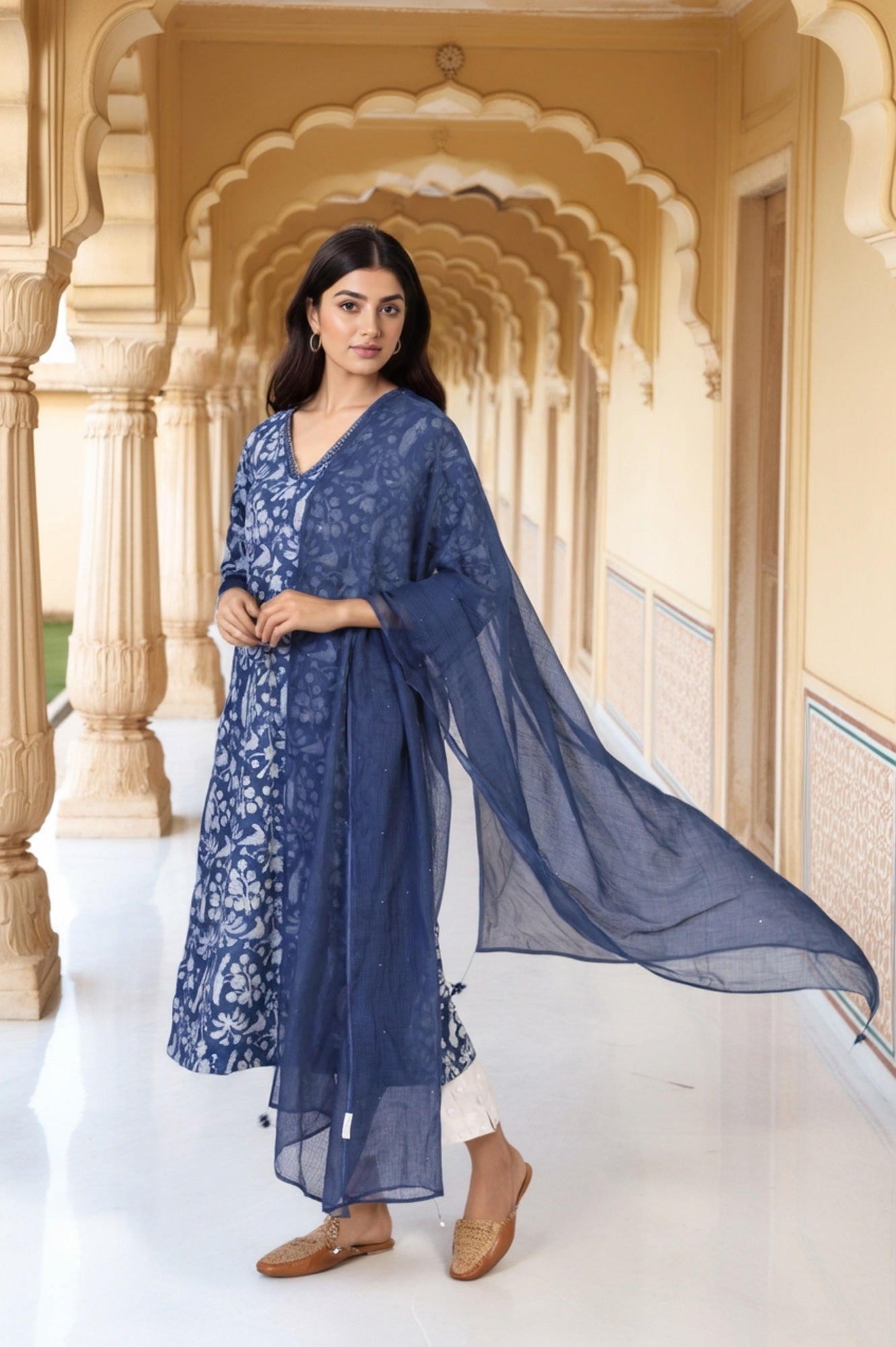 Blue Floral Print Mukaish Work Cotton Dupatta