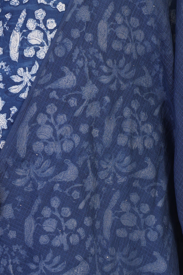 Blue Floral Print Mukaish Work Cotton Dupatta