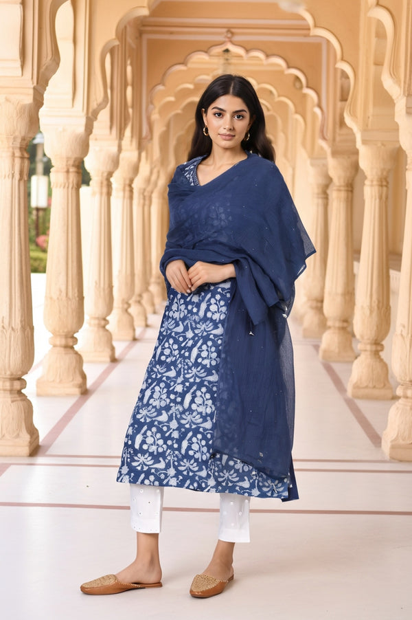 Blue Floral Print Mukaish Work Cotton Dupatta
