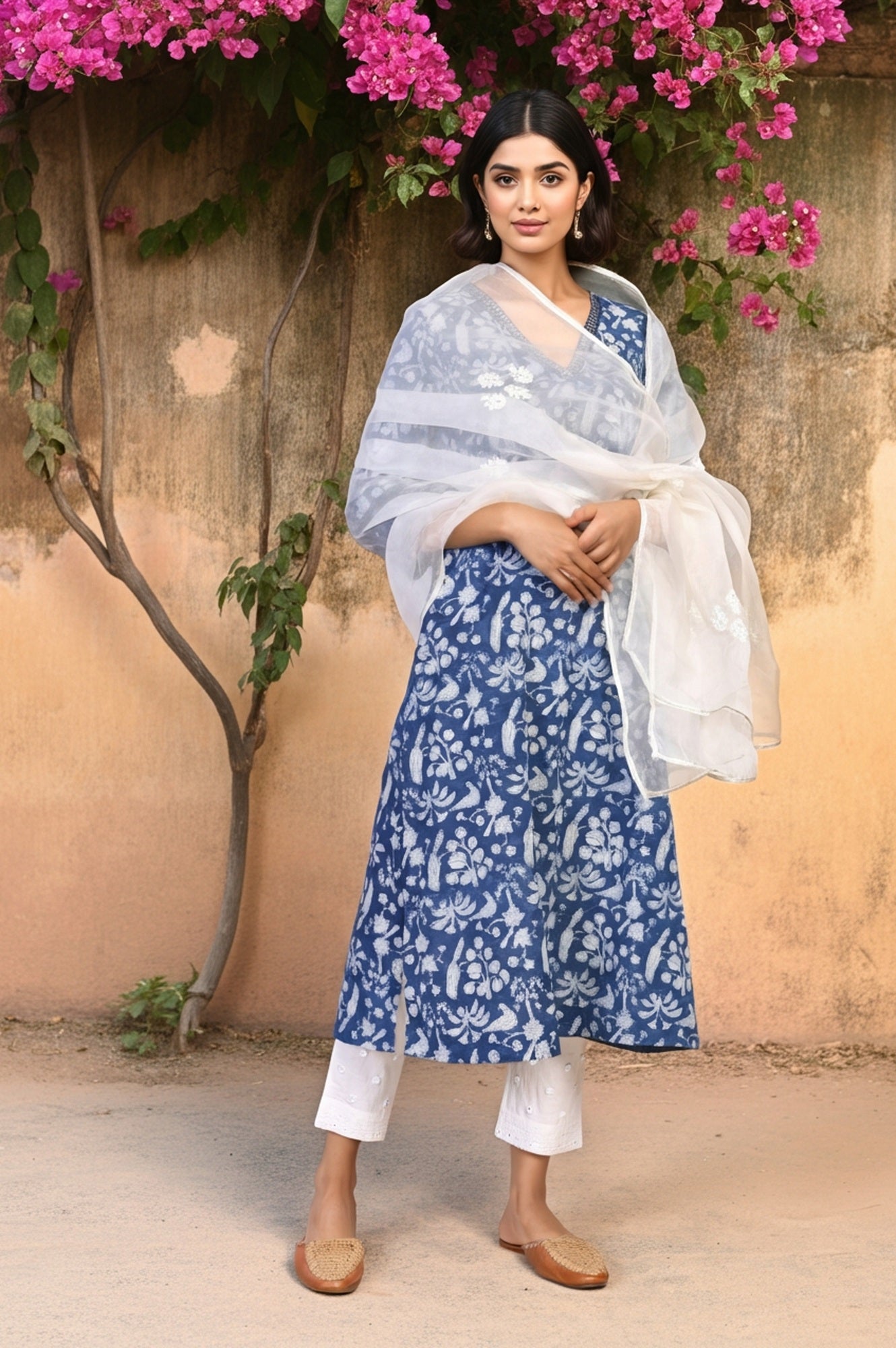 Ecru Floral Embroidered Thread Work Straight Organza Dupatta