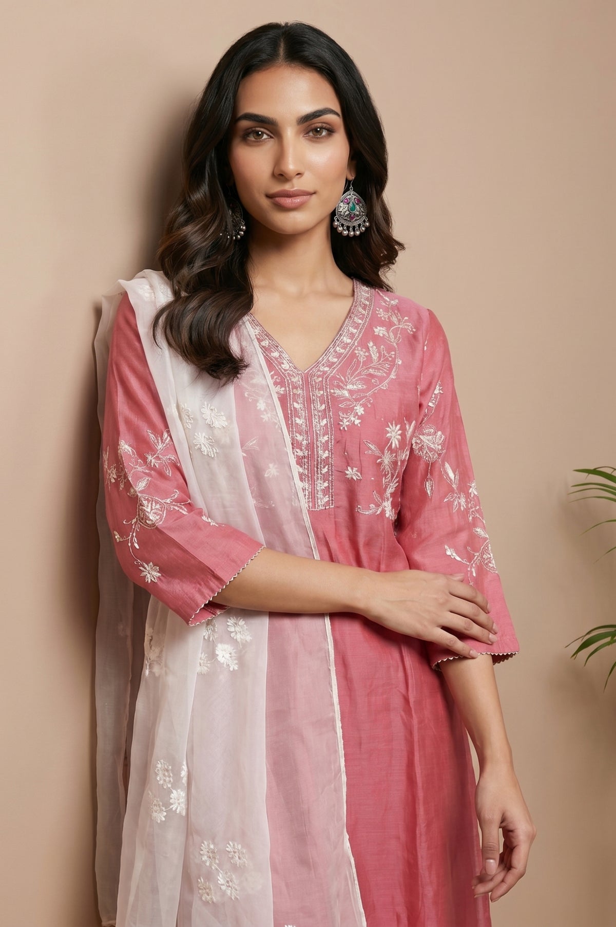 White Thread Embroidered Organza Dupatta
