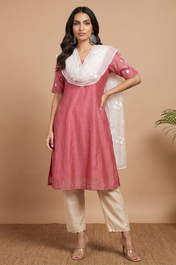 White Thread Embroidered Organza Dupatta