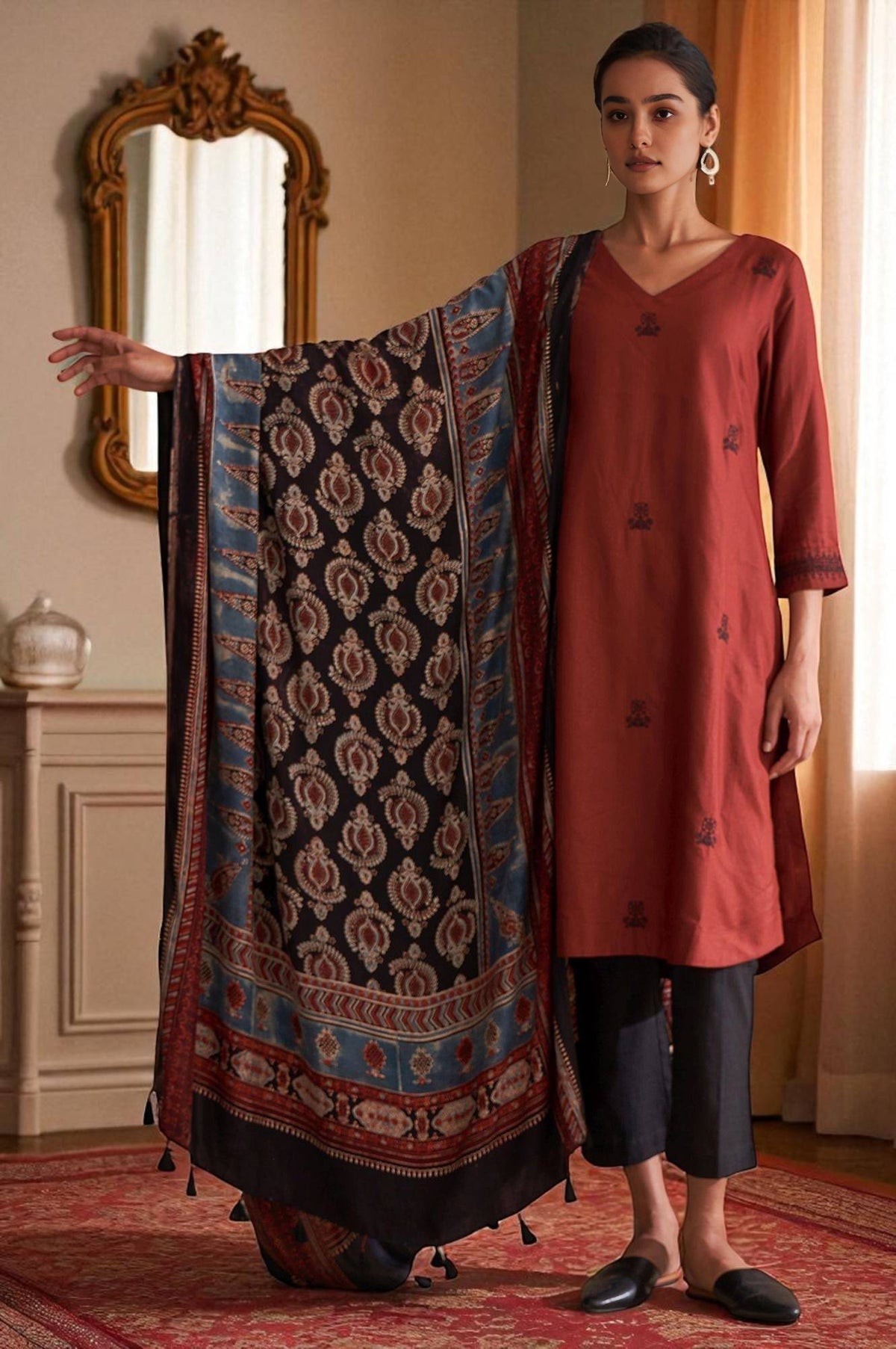 Black Floral Ajrakh Printed Tasselled Modal Satin Dupatta - Free Size
