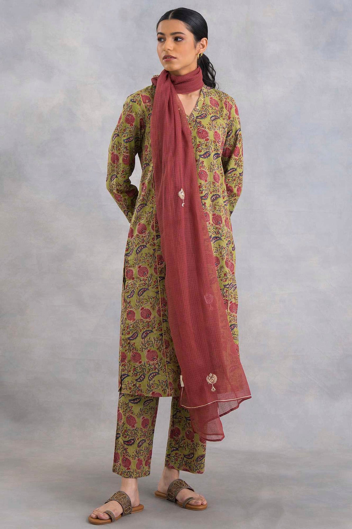 Red Solid Dori Embroidery Straight Cotton Dupatta - FS