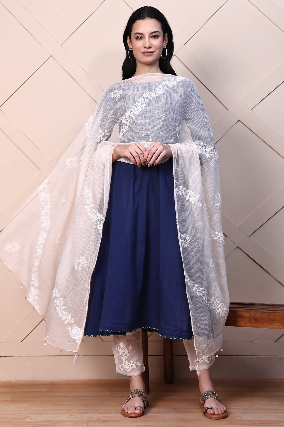 White Thread Embroidered Semi Sheer Cotton Silk Dupatta with Tassels - FS