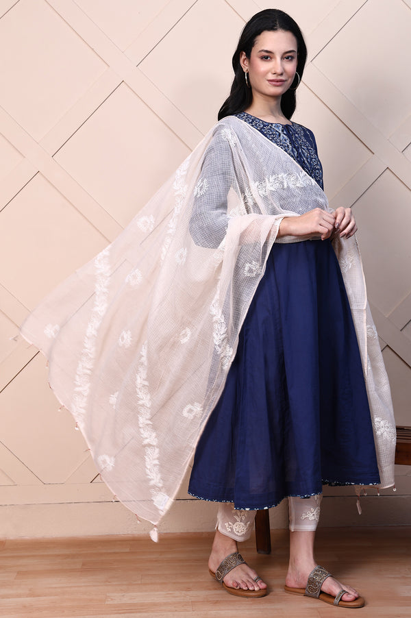 White Thread Embroidered Semi Sheer Cotton Silk Dupatta with Tassels
