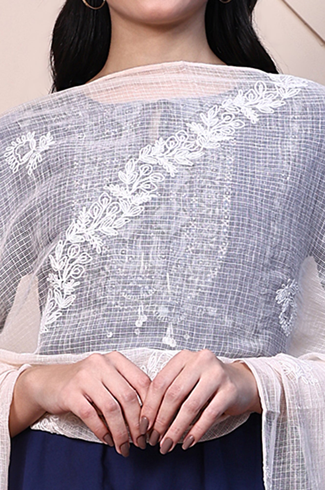 White Thread Embroidered Semi Sheer Cotton Silk Dupatta with Tassels