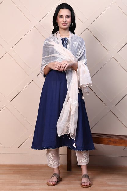 White Thread Embroidered Semi Sheer Cotton Silk Dupatta with Tassels