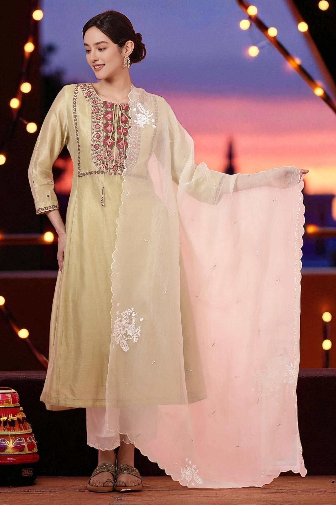 Dark Brown Silk Organza Embroidered Dupatta