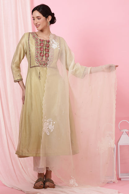 Dark Brown Silk Organza Embroidered Dupatta