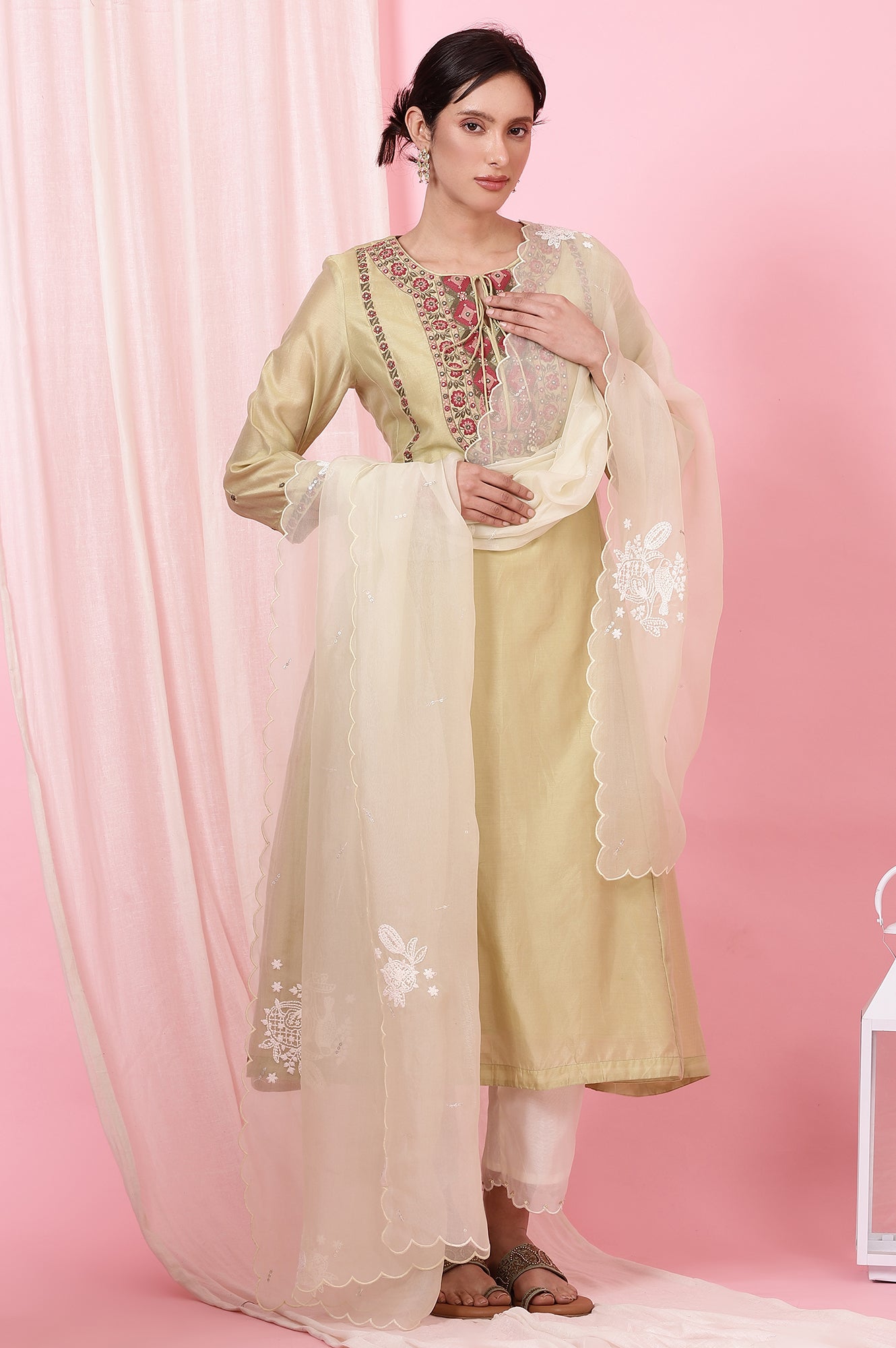 Dark Brown Silk Organza Embroidered Dupatta