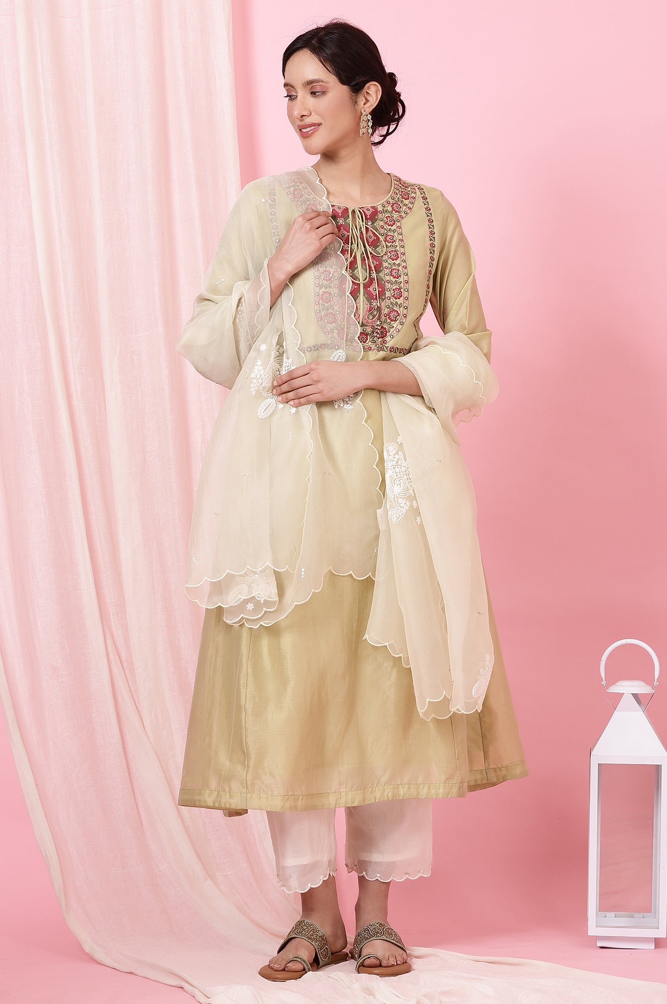 Dark Brown Silk Organza Embroidered Dupatta